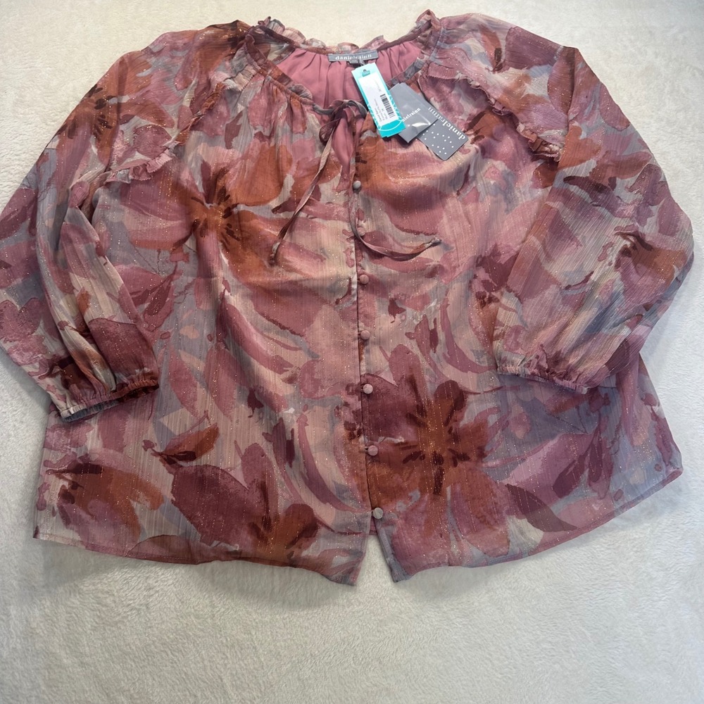 Daniel Rainn Kianna Ruffle Blouse Blush Pink Floral Metallic Gold 2X NWT